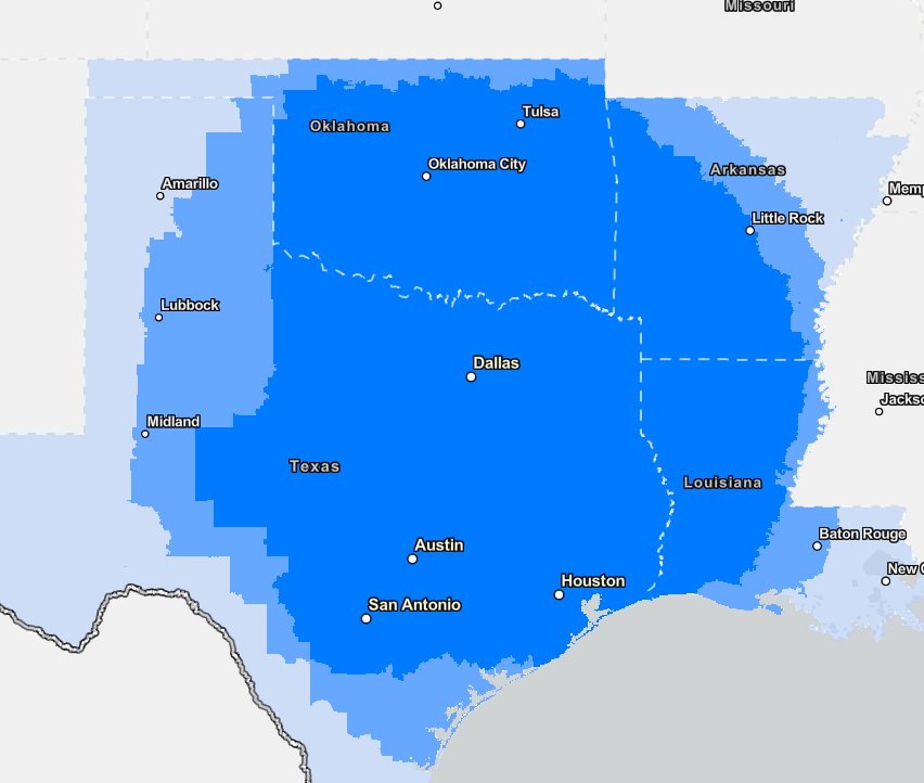 Caney Creek Steel installation coverage map showing TX, AR, OK and LA service area