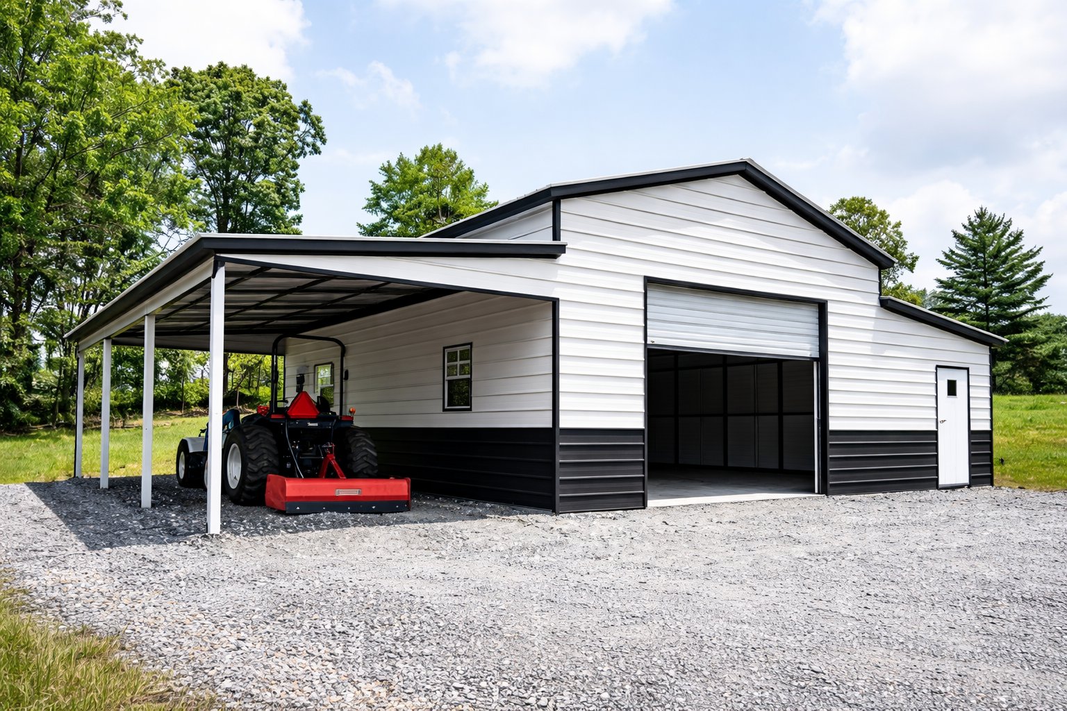 Metal workshop with lean-to carport